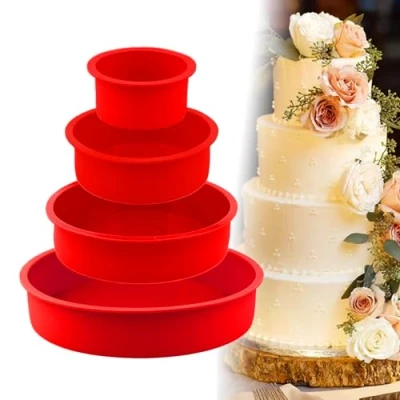 Afbeelding van 4 stuks siliconen bakvormen rond, taartvormen, set, 10 cm, 15 20 25 anti aanbaklaag, voor cake, cheesecakes (rood)