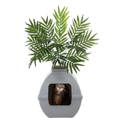 Afbeelding van Good Pet Stuff, The Courtyard Verborgen Kattenbak, Kunstplanten &amp; Gesloten Vierkante Kattenplanter Geventileerd Geurfilter, Gemakkelijk schoon te maken, Steengrijs