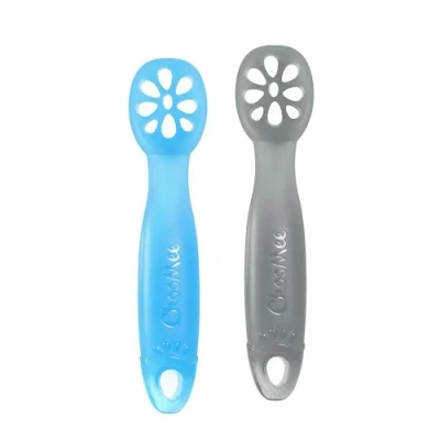 Afbeelding van ChooMee FlexiDip Baby Starter Spoon Platinum Silicone First Stage Teething Friendly Learning Utensil 2 CT Blue Grey