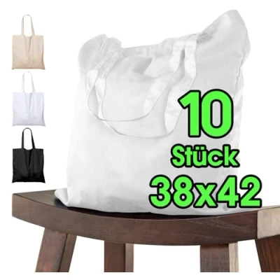 Afbeelding van katoenen opvangzak 38x42 10 stuks wit voor kinderen met KORT handvat Unbedded OEKO TEX® gecertificeerd stoffen tas, draagtas, 140 g/m dikke boodschappentas
