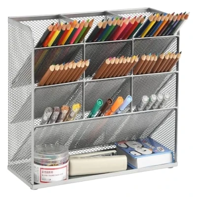 Afbeelding van Marbrasse mesh bureau organizer, pennenhouder, voor een opgeruimd bureau, organizer bureauspullen, opslagrek school, thuis, kantoor, kunstbenodigdheden (zilver)