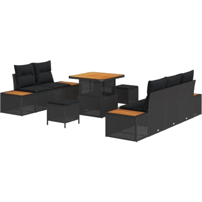 Afbeelding van vidaXL 8 delige tuinsofa set met kussens zwart poly rattan en acacia