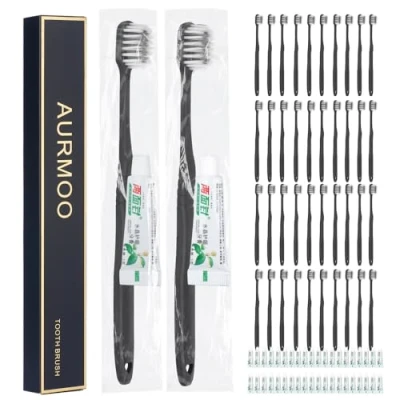 Afbeelding van AURMOO 40 Stuks Wegwerp Tandenborstels met Tandpasta, Hotel Tandenborstel Set, Handtandenborstel, Wegwerptandenborstels, Tandenborstel, Individueel Verpakt(Zwart)