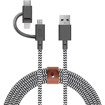 Afbeelding van Native Union Riem Cable Universeel 2m Ultra sterke versterkte [MFi gecertificeerd] Duurzame hoge snelheid oplaadkabel met 3 in 1 Adapter voor Lightning, USB C en Micro Devices (Zebra)