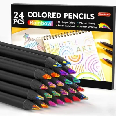Afbeelding van Shuttle Art Set van 24 regenboogkleurpotloden, 12 kleurpotloden, elk 2 stuks, zwarte houten regenboog kleurpotloden voor kinderen, tekenpotloden kinderen en volwassenen, kleuren, schetsen