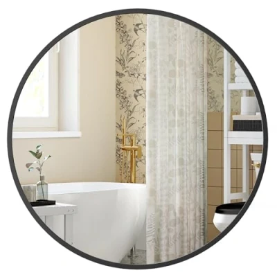 Afbeelding van SONGMICS Wandspiegel, spiegel rond, Ø 40,7 cm badkamerspiegel, metalen frame, eenvoudige montage, modern, voor badkamer, woonkamer, slaapkamer, hal, entree, inktzwart LWM104B01