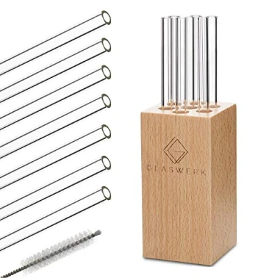 Afbeelding van Frezzeria glazen rietjes 7 stuks 0,8 x 20 cm (ØxH) houten houder borstel