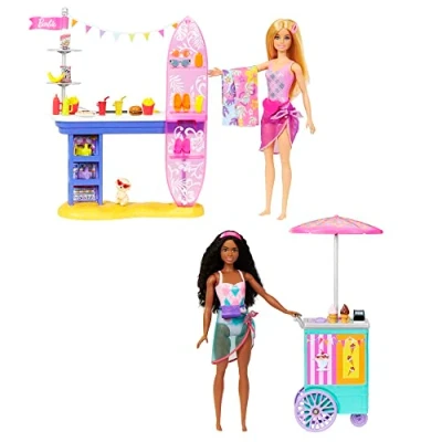 Afbeelding van Barbie Beach Boardwalk speelset met &#039;Brooklyn&#039; &amp; &#039;Malibu&#039; 2 poppen, Kraampjes en 30+ accessoires
