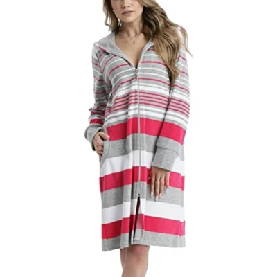 Afbeelding van Aquarti Dames Badjas Gestreept met Capuchon, Roze, M