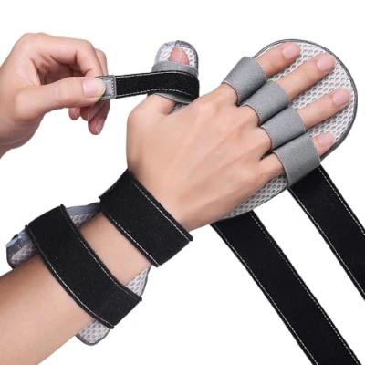 Afbeelding van Rust beroerte handspalk links en rechts voor rechttrekken vingers, handbandage orthese met 5 vingersteunen, voorkomt vingers ijsstokschieten, spasticiteit, contractuur, handkrampen, dames