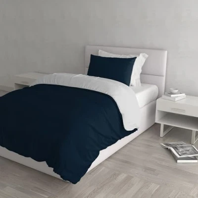 Afbeelding van Italian Bed Linen Natuurlijke Kleur Dekbedovertrek Set met Doubleface Effen Tas Sheet en Kussensloop, 100% Katoen, Donkerblauw/Lichtgrijs, enkel