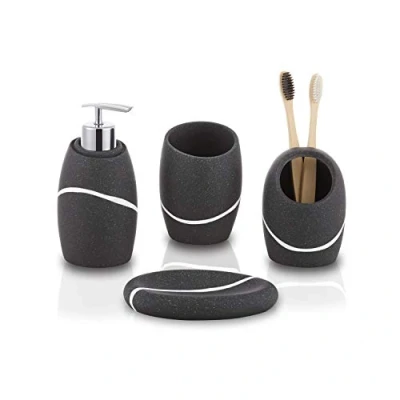 Afbeelding van Badkameraccessoireset 4 delig Decor Badkamerijdelheid Aanrechtbladaccessoireset met zeepdispenser Tandenborstelhouder Badkamerbeker en zeepbakje Grijs zandsteen