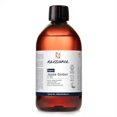 Afbeelding van Naissance Jojoba Oil Gold Biologisch (Nr. 233) 450ml Natuurlijk, Koud, Gedrukt, BIO gecertificeerd, Voedzaam Voor Haar, Gezicht, Huid en Nagels