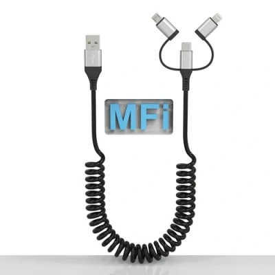Afbeelding van 3 in 1 USB A naar C en Lightning kabel voor de auto opgerolde kabel/micro USB/Lightning Apple Carplay &amp; Android Auto, 3A Data MFi snellader snoer iPhone 15/15 Pro