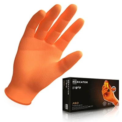 Afbeelding van MERCATOR MEDICAL GoGrip oranje nitrilhandschoenen, maat M 50 stuks, beschermende wegwerphandschoenen, vrij van poedercoating, latexvrije nitrilhandschoenen met een dikte 3 keer groter