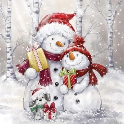 Afbeelding van 20 servetten winter liefdevolle sneeuwpopfamilie als tafeldecoratie. Papieren met motief voor Kerstmis sneeuwpop dieren. Ook decoupage en servet techniek 33 x cm