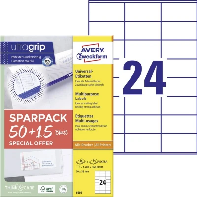 Afbeelding van Avery Zweckform 6602 70 x 36 mm Papier Wit 1560 stuk(s) Permanent hechtend Universele etiketten Laser 65 vel DIN A4