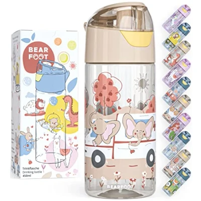 Afbeelding van Drinkfles voor kinderen, 450 ml, lichte Tritan waterfles, BPA vrij, lekvrij, geschikt koolzuur, vaatwasmachinebestendig jongens, meisjes en peuters, beige