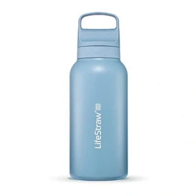 Afbeelding van LifeStraw Go serie Geïsoleerde roestvrijstalen waterfilterfles voor reizen en dagelijks gebruik, verwijdert bacteriën, parasieten microplastics, verbetert de smaak, 1 liter IJslands blauw