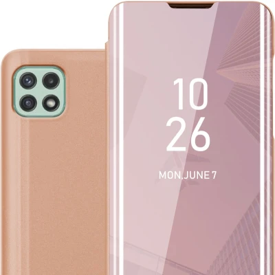 Afbeelding van Cadorabo Hoesje geschikt voor Samsung Galaxy A22 5G in KUNZIET ROZE Clear View Spiegel Beschermende Case met Tribunefunctie 360 Graden Bescherming Book Cover Etui
