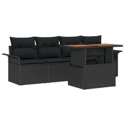 Afbeelding van vidaXL 5 delige Tuin Sofa Set met Kussens Zwarte Poly Rattan, 2 Zits Opslag &amp; Rattan