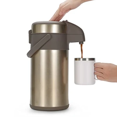 Afbeelding van Olerd Thermoskan, koffiedispenser, 4,0 liter, roestvrij staal, dubbelwandige vacuüm thermoskan met pompmechanisme, koffiekaraf, kan voor 24 kopjes (goud)