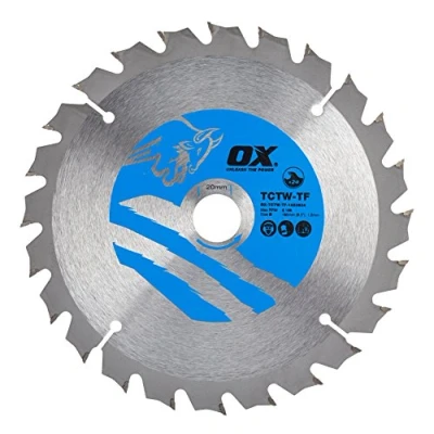 Afbeelding van OX Tools Wood Cutting Thin Kerf Cirkelzaagblad 165/20mm Dunne zaagsnede 24 tanden ATB zilver/blauw.