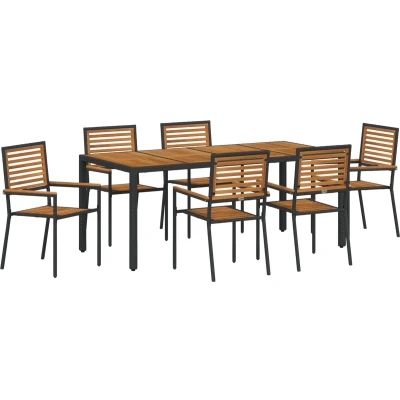 Afbeelding van vidaXL 7 delige Tuin Eetset Zwart Poly Rattan Acacia, Stapelbare Tuinstoelen met Kussens 2 stuks