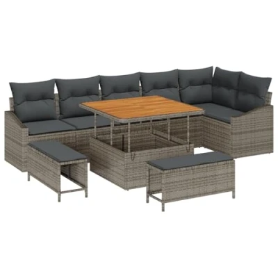 Afbeelding van vidaXL 9 delige Tuin Sofa Set met Kussens Grijs Poly Rattan Acacia
