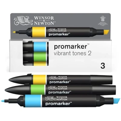 Afbeelding van Winsor &amp; Newton 0290194 ProMarker Set Vibrant Tones 2, 3 layout markers in een set, met 2 punten, fijn en breed voor tekeningen, ontwerp lay outs