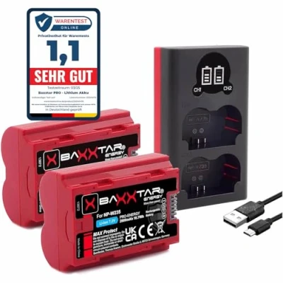 Afbeelding van Baxxtar 2X Batterij NP W235 MaxProtect V1 (echt 2400mAh) met actieve NTC sensor en behuizing Lader Mini 18882 USB Dual LCD Fuji GFX50s II GFX 100S 100 X H2 H2S S20 T4 T5