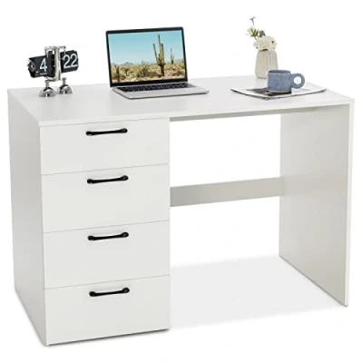 Afbeelding van COSTWAY Bureau met 4 laden, thuiskantoor, computertafel, klein, kinderbureau, moderne bureautafel, pc tafel voor slaapkamer, werkkamer, kantoor, wit, 110 x 60 76 cm