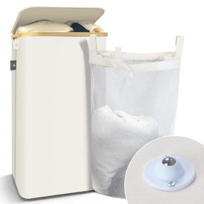 Afbeelding van VOUNOT Wasmand met Deksel 100L, Opvouwbare Wasemmer Uitneembare Waszakken, Wasmanden Wasbox Smal, Beige