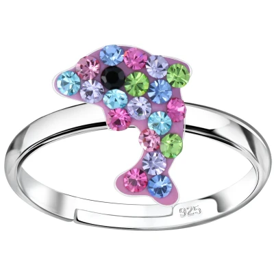 Afbeelding van JoyS Zilveren dolfijn ring verstelbaar multicolor kristal voor kinderen