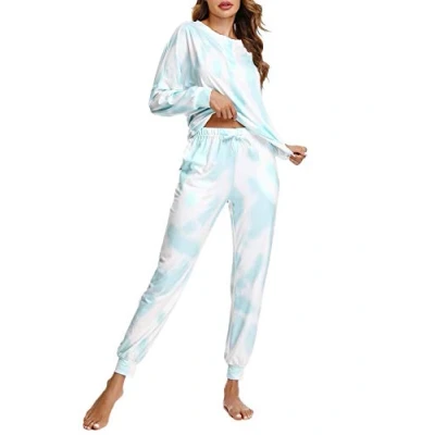 Afbeelding van Doaraha pyjama dames met lange kleurstof en stropdas tweedelige nachtkleding mouwen, loungewear katoen, slaapshirt ronde hals pyjamabroek voor de herfst / winter