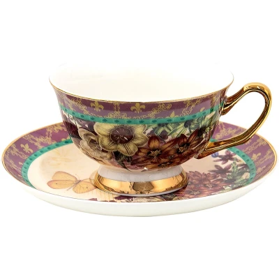 Afbeelding van Clayre &amp; Eef Kop en schotel 200 ml Paars Porselein Vlinder Servies