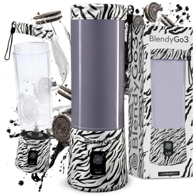 Afbeelding van BlendyGo 3 Draadloze &amp; Draagbare Blender met 550ml, Snel USB C Opladen, IPX7 Waterdicht, PulseMotion BlendPro Technologie, Gezonde smoothies, Eiwitshakes en Klaar Eten (Zebra)