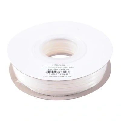 Afbeelding van Vaessen Creative Satijnen lint 3 mm x 100 m wit antiek, lint, decoratief linten om te knutselen, stoffen banden voor bruiloft, doop en verjaardagscadeaus