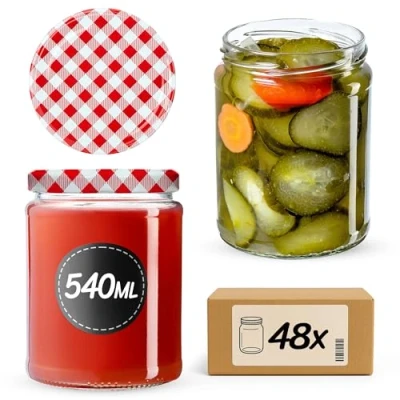 Afbeelding van KADAX Wekpotten 540 ml, inmaakpot om in te zetten, inmaakpotten voor schroefdeksel, jampot, voorraadpot, conservenglas, ronde glazen (rood geruit/48 stuks), 8.6x8.6x11.6, K7497 K7608