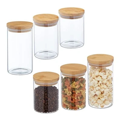 Afbeelding van Relaxdays voorraadpot met deksel set van 6 glazen opbergpotten bewaarpot glas pasta