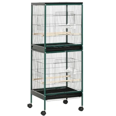 Afbeelding van PawHut Grote vogelkooi op standaard, dubbele volière met zitstokken, afneembaar dienblad, wieltjes, 51,5 x 50 140 cm, groen/zwart