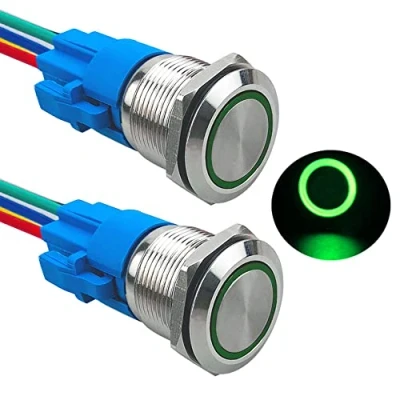 Afbeelding van Aiqeer 2 stuks 19 mm momentste drukknopschakelaar, 12 V/24 V, 5 A, drukknopschakelaar van roestvrij staal, waterdicht, IP67, met voorbedrade stekker (groene led)
