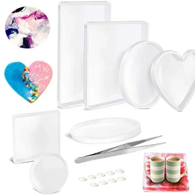 Afbeelding van 17 STKS Grote Hars Mal, Xfaiz Siliconen Mallen DIY Gieten Kit Coaster Ronde Rechthoek Hartvormige Mold Decoratieve voor Casting