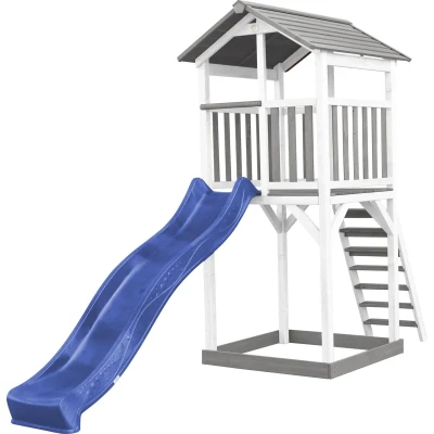 Afbeelding van AXI Beach Tower Speeltoestel van hout in Grijs &amp; Wit Speeltoren met zandbak en blauwe glijbaan