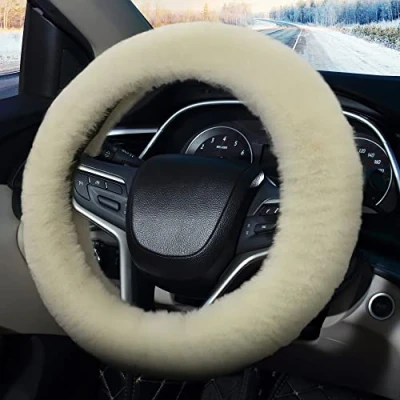Afbeelding van Pahajim Pluizige stuurwielhoezen, zachte harige auto antislip pluche stuurhoes warme wol universeel 36 39 cm winterautodecoratie voor vrouwen (crème)