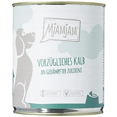Afbeelding van MjAMjAM premium natvoer voor honden uitstekend kalfsvlees met gestoomde courgette, pak van 6 (6 x 800 g), graanvrij extra vlees