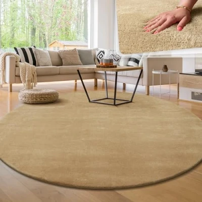 Afbeelding van Paco Home Moderne en Zachte Woonkamer Tapijt Kortpolig Wasbaar Fluffy Uni Effect Bont Tijdloos Elegant Antislip Makkelijk te Onderhouden, Maat:Ø 120 cm rondje, Kleur:Beige