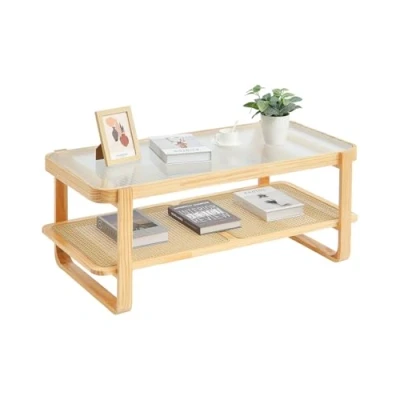 Afbeelding van VEVOR rotan salontafel tuintafel 2 laags 115cm rechthoekig hout