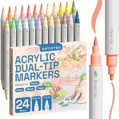 Afbeelding van ARTISTRO 24 acrylverfpennen, kunstset acrylverfmarkers met dubbele punt (penseel + fijn 1 mm), acrylmarkers voor stof, canvas, steen, glas, hout, papier, doe het zelf, verfmarkers kinderen en