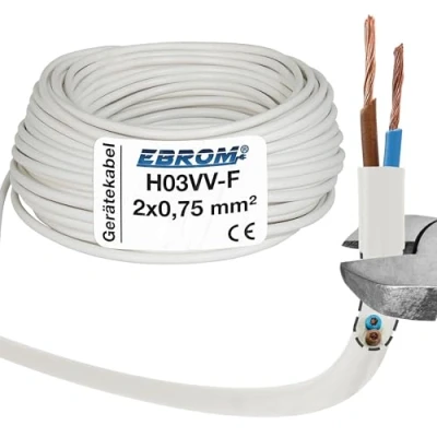 Afbeelding van Kunststof slangleiding ronde LED kabel toestelkabel H03VV F 2x0,75 mm² (mm2) kleur: wit 10m/15m/20m/25m/30m/35m/40m/45m/50m/55m/60m etc. tot 250 m in stappen van 5 meter vrij te kiezen